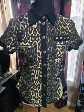 Killstar "Cat's Meow" Leopard Print Cap Sleeve Button-Up Top